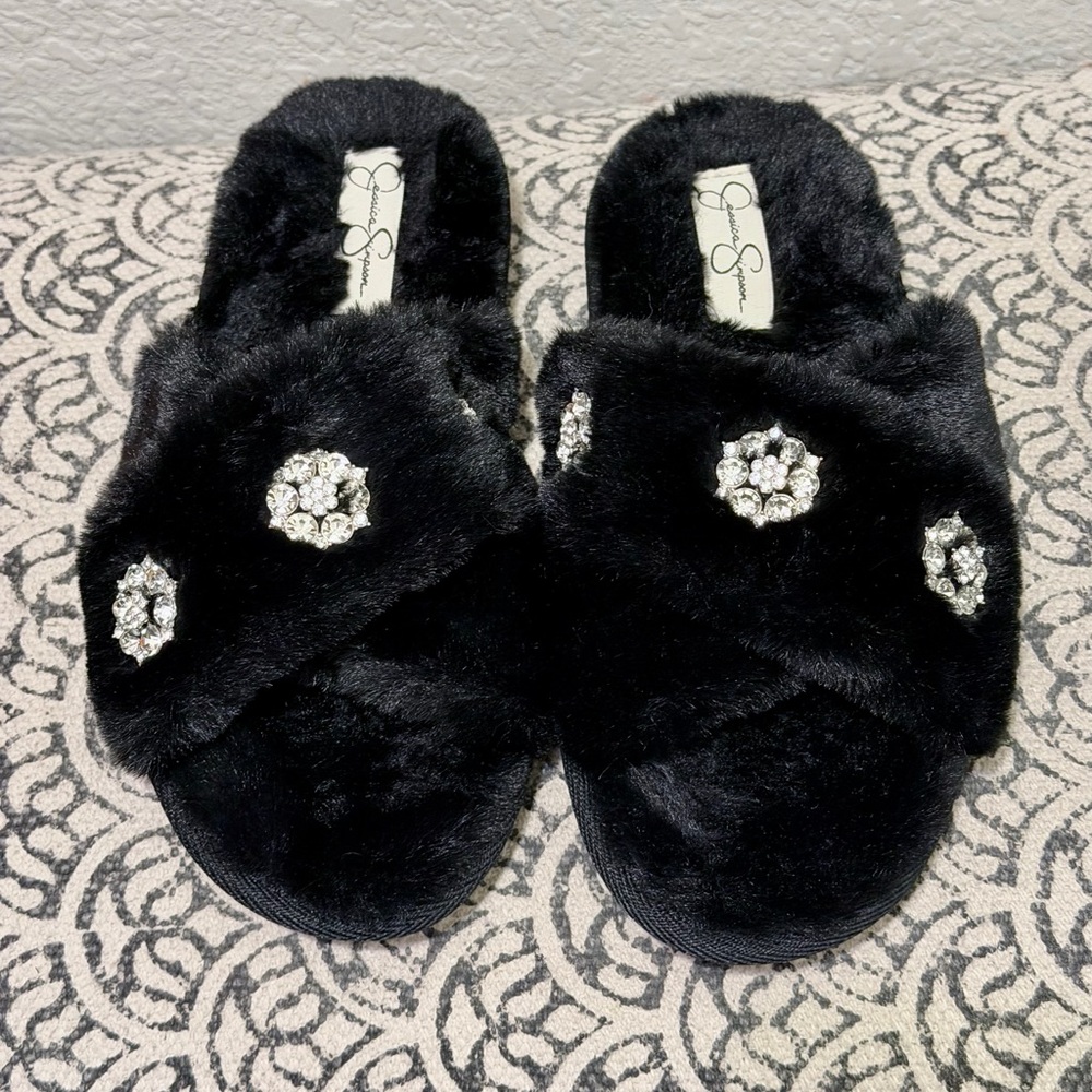 Black Fuzzy Slippers with Rhinestone Accents
